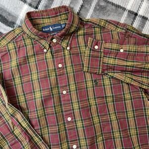 Ralph Lauren Flannel Shirt Mens Large Red‎ Green Plaid Christmas Classic Fit